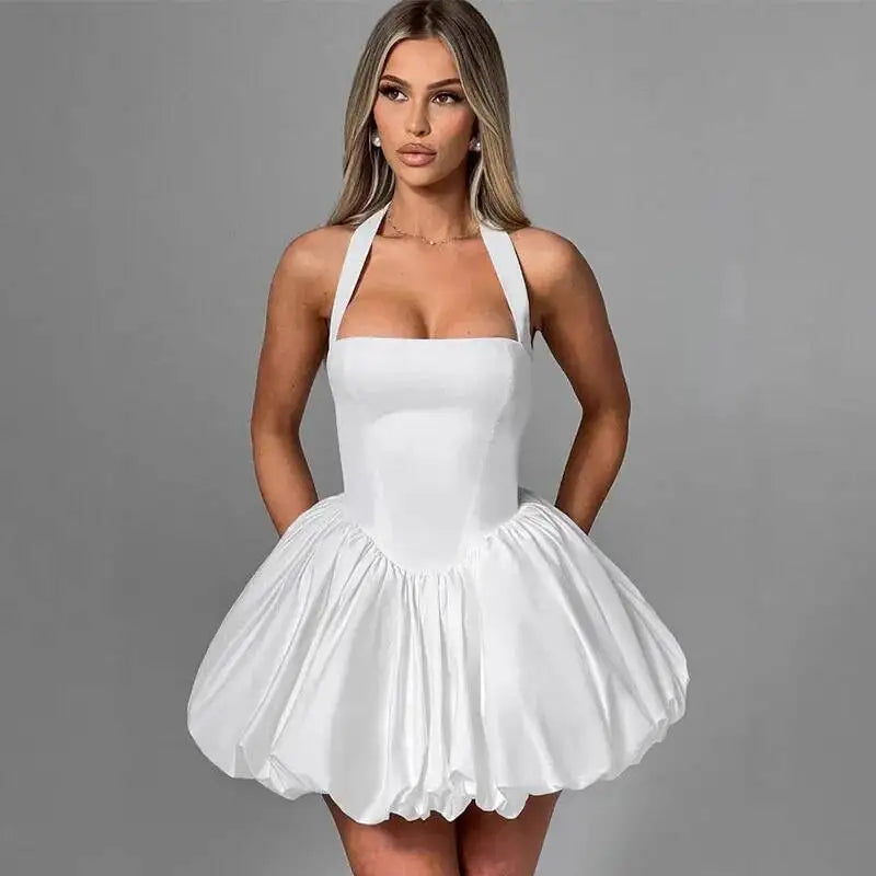 Elegant Pink Backless Pleated Lace-Up Halter Mini Dress Women Off Shoulder Sleeve Puff Hem A-Line Dresses Summer Lady Partywear