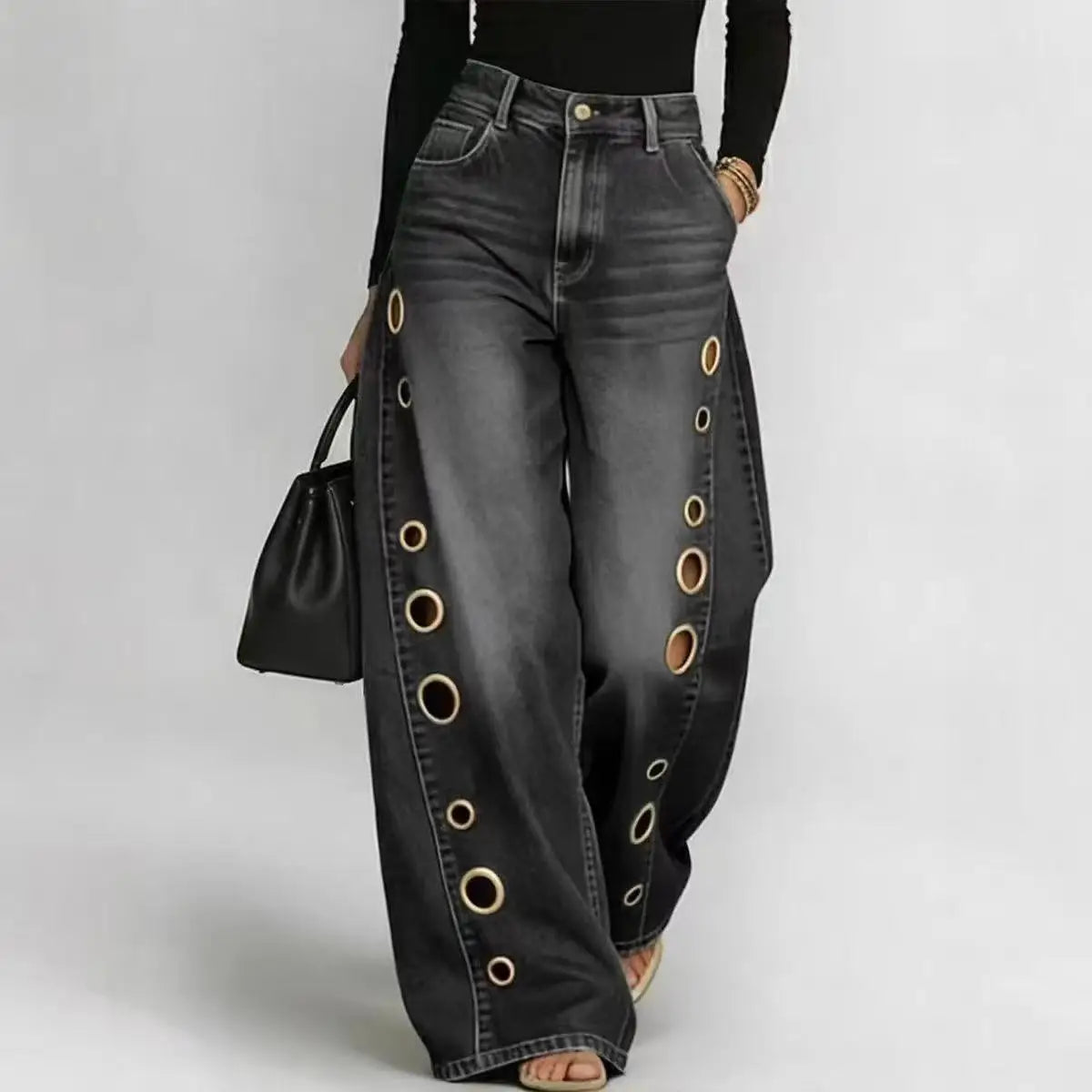 Wide Leg Denim Jeans – Asymmetric Two Tone Polka Dot Print Eyelet Detail – Denim | KIMLUD