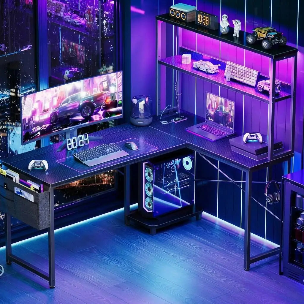 L Shaped Gaming Desk with Power Outlets & LED Lights, Corner Desk with Monitor Stand for Home Office, Space-Saving