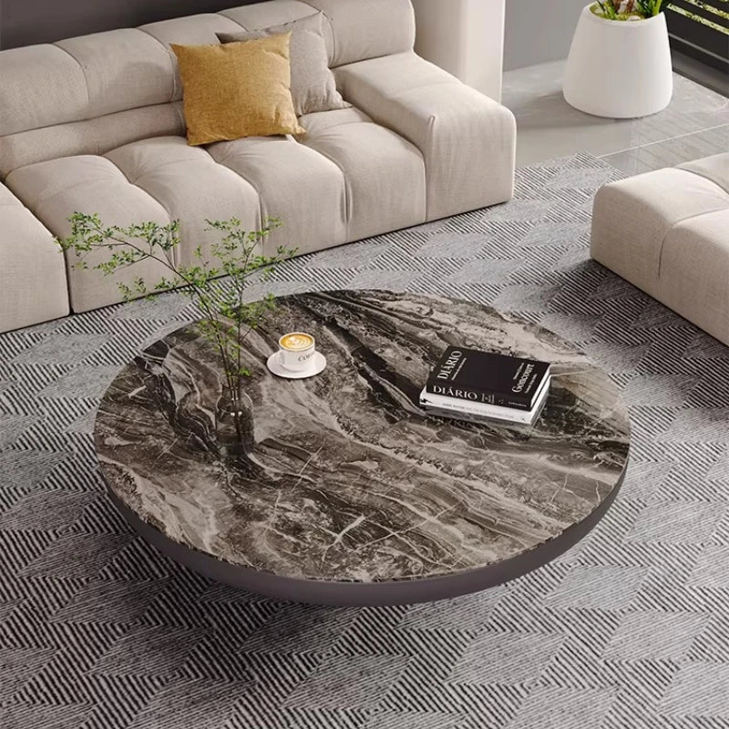 Italian Luxury Round Coffee Table Veined Marble Surface — Charcoal Gray | KIMLUD