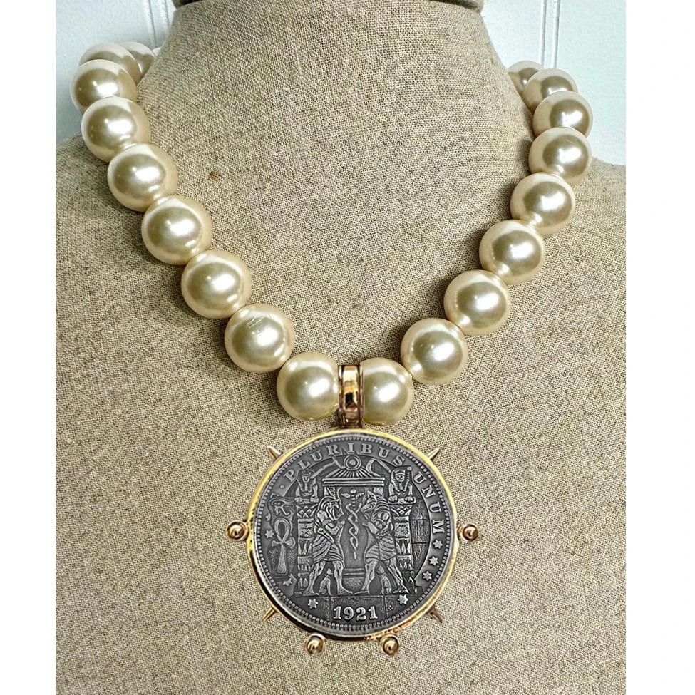 Imitation Pearl Coin Charm Necklace — Grey | KIMLUD