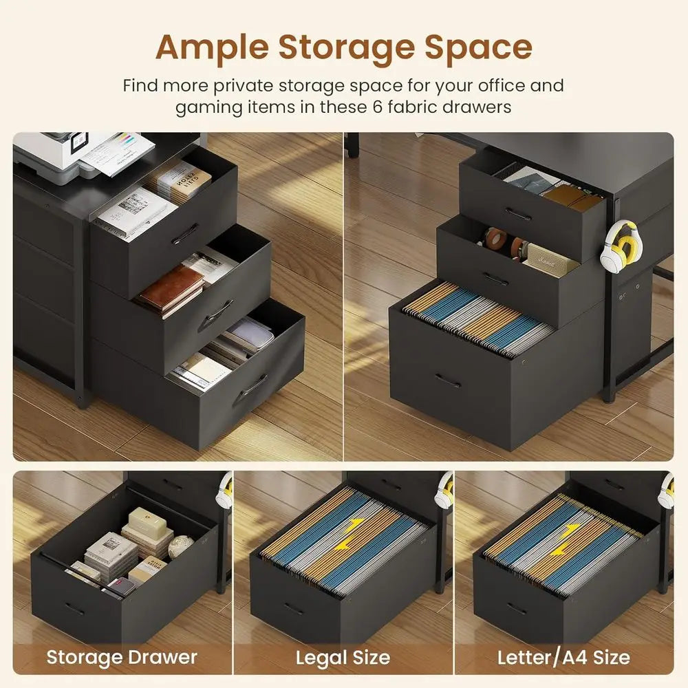L-Shaped Gaming Desk with Drawers, Reversible, LED-lit, Black, for Dual Players with Power Outlets