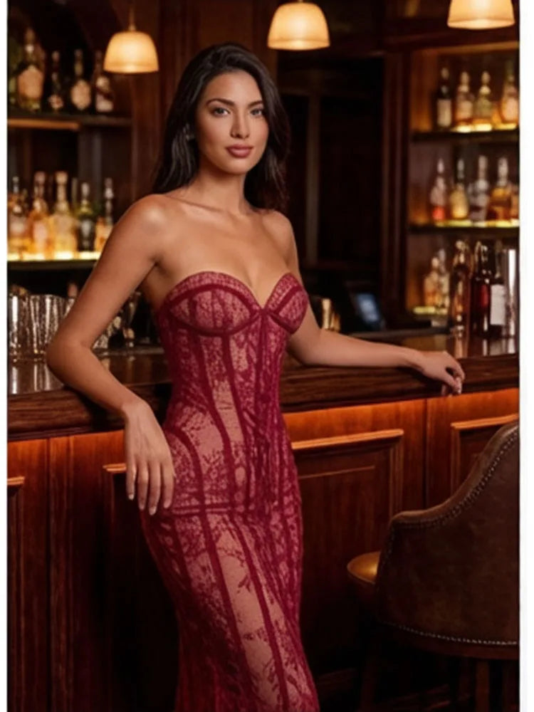 Evening Dress – Lace Decoration – Polyester – Wine Red | KIMLUD