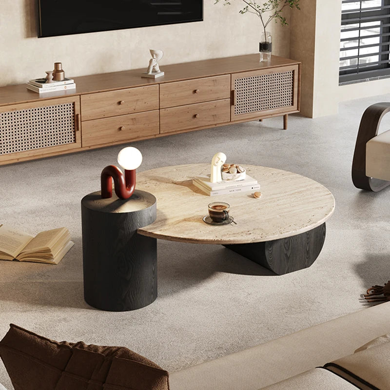 Nordic Minimalist Travertine Side Table Round Top With Solid Wood Pedestal — Beige | KIMLUD