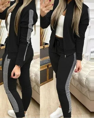 Wool-Blend Plaid Zippered Tracksuit Two-Piece Set With Drawstring Pants — Gray Plaid | KIMLUD