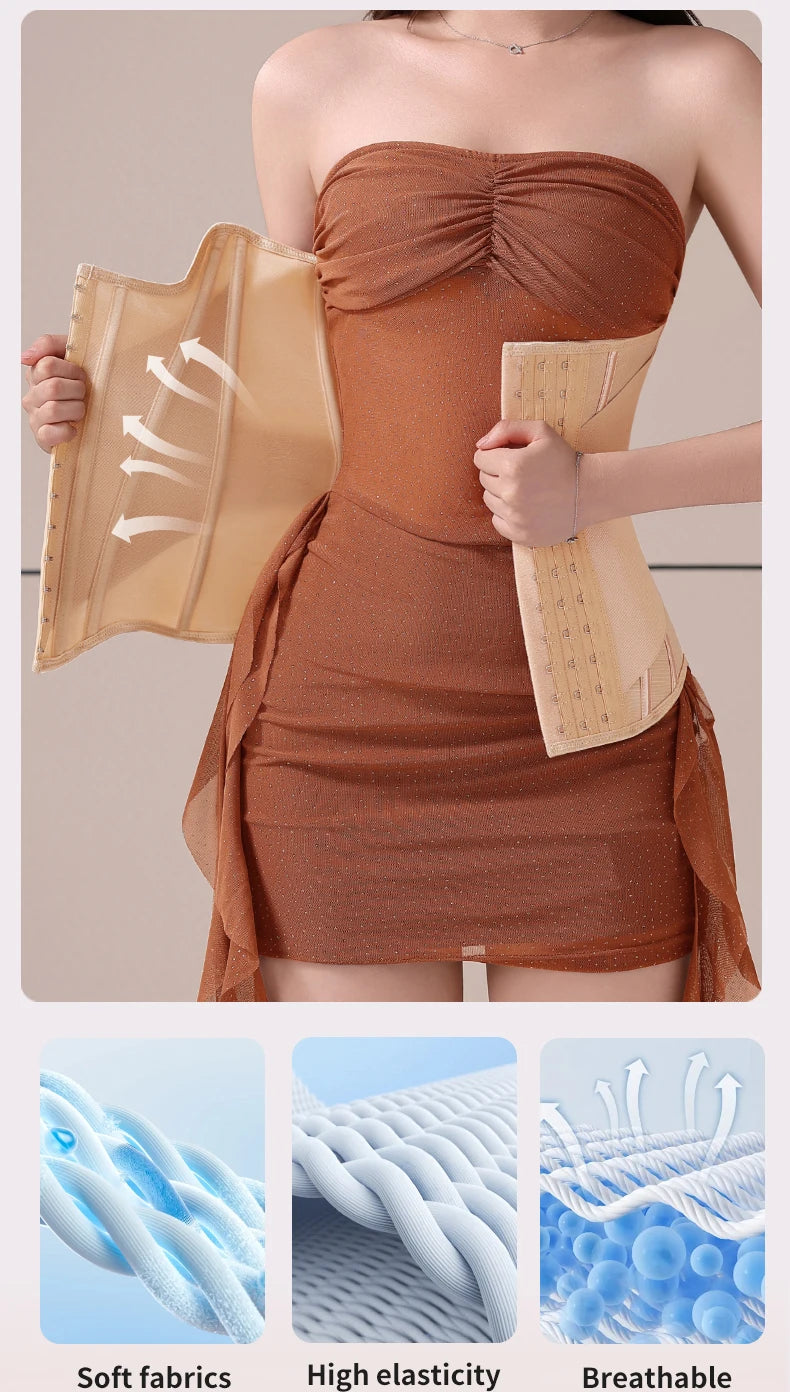 U-Shaped Steel Boned Waist Trainer Corset Buttoned Closure — Beige | KIMLUD