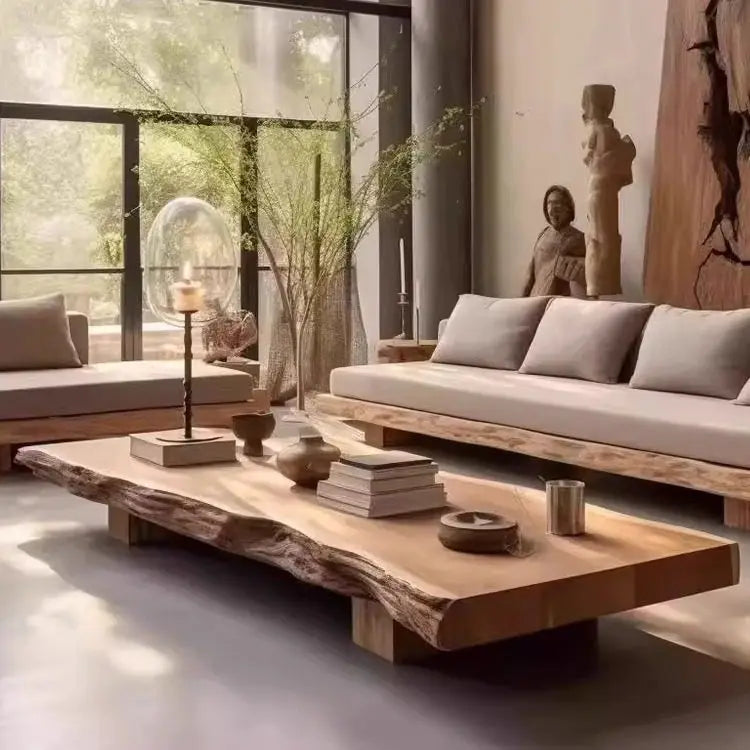 Solid Wood Wabi-Sabi L-Shaped Sofa With Log-Inspired Silhouette — Cream | KIMLUD