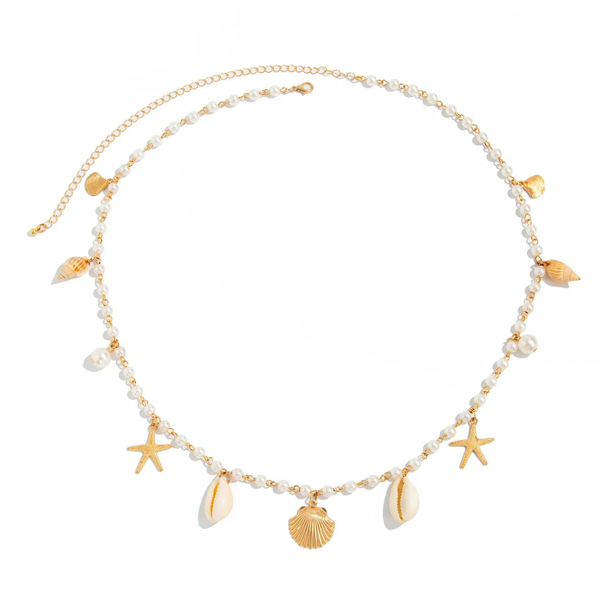 Gold-Tone Waist Chain With Pearl Beads And Starfish Pendant And Seashell Charms — Gold | KIMLUD