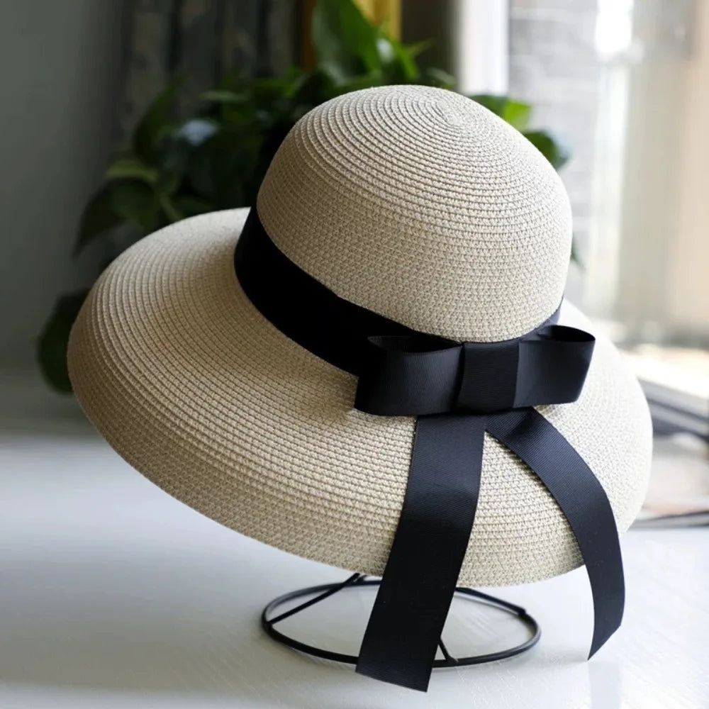 Vintage Breathable Straw Wide Brim Hat — Black | KIMLUD