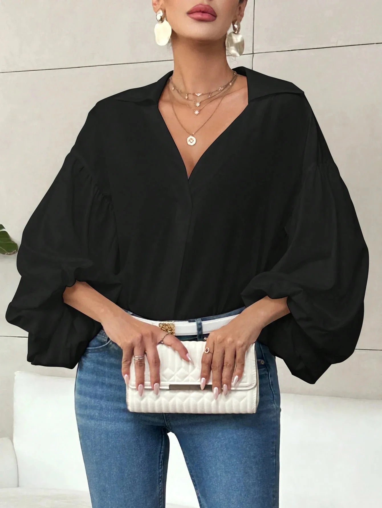 Boho Puff Sleeve Polka Dot Blouse — White | KIMLUD