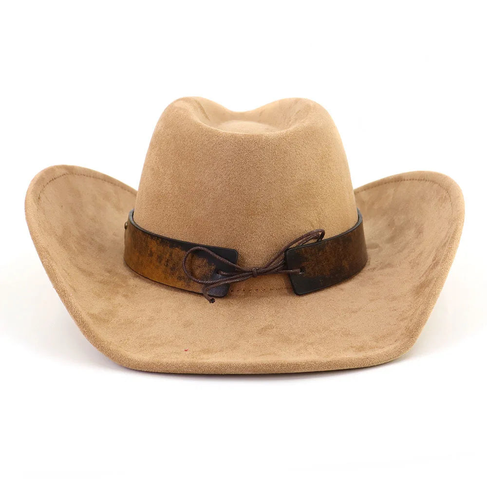 Leather Band Suede Cowboy Hat Big Brim Bull's Head — Brown | KIMLUD