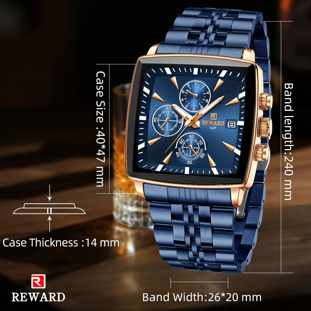 REWARD Fashion Square Dial Watch for Men Stainless Steel Waterproof Quartz Chronograph Mens Watches Luxury Sport Male Clock