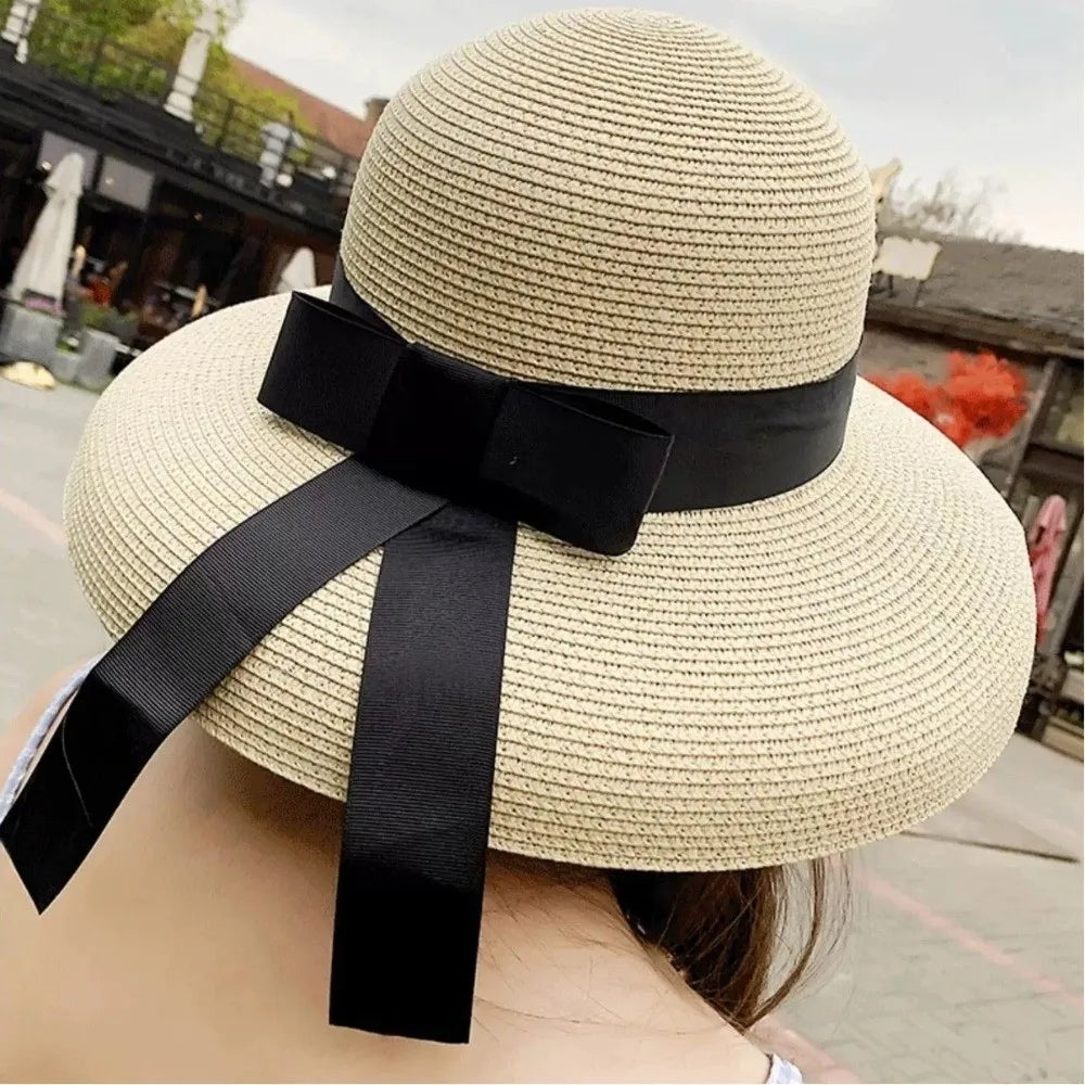 Vintage Breathable Straw Wide Brim Hat — Black | KIMLUD