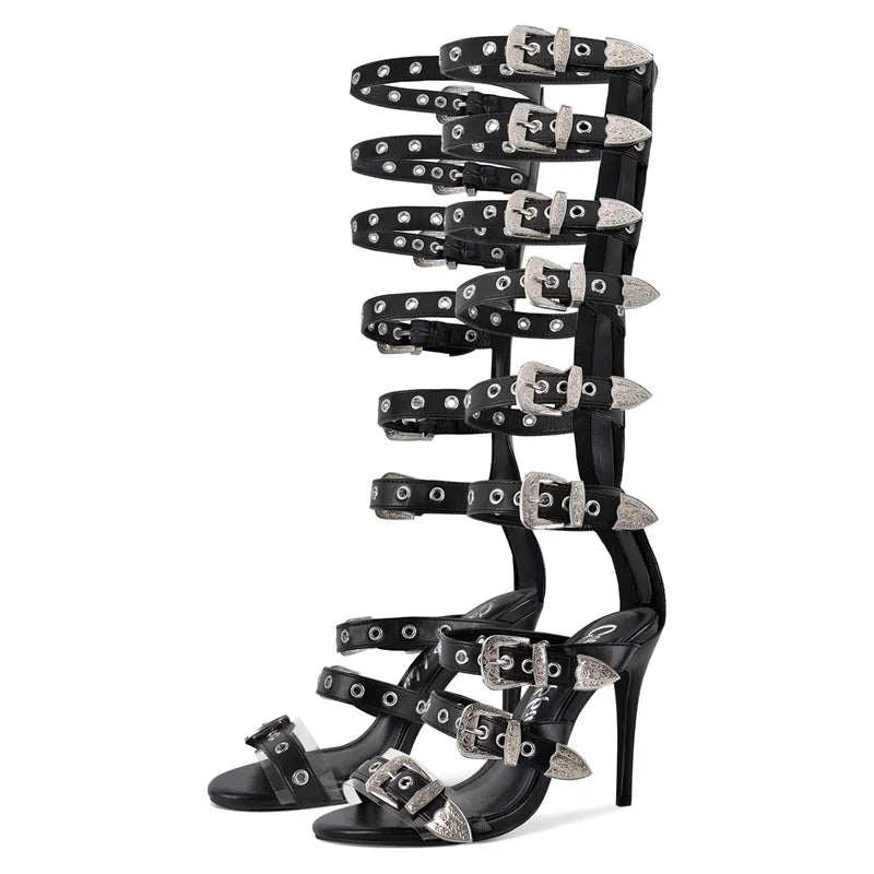 PU Gladiator Buckle Strappy Sandals Round Toe Stiletto 11 cm Heels — Black | KIMLUD