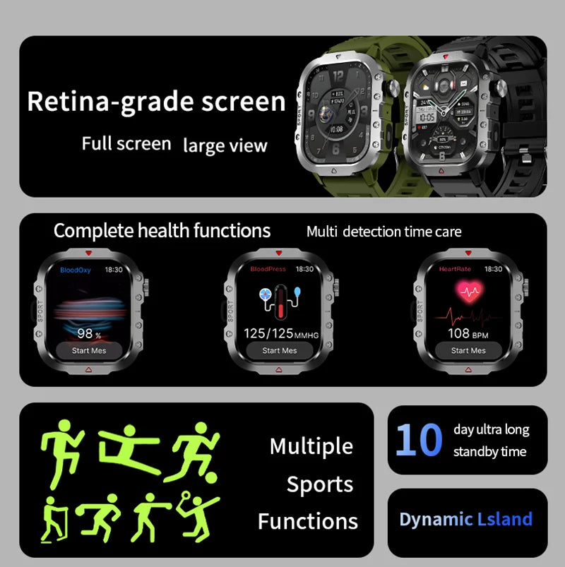 LAXASFIT 2025 Rugged Military Smart Watch Men's Outdoor Watch 2.01" HD Touch Screen Voice Bluetooth Call Smartwatch