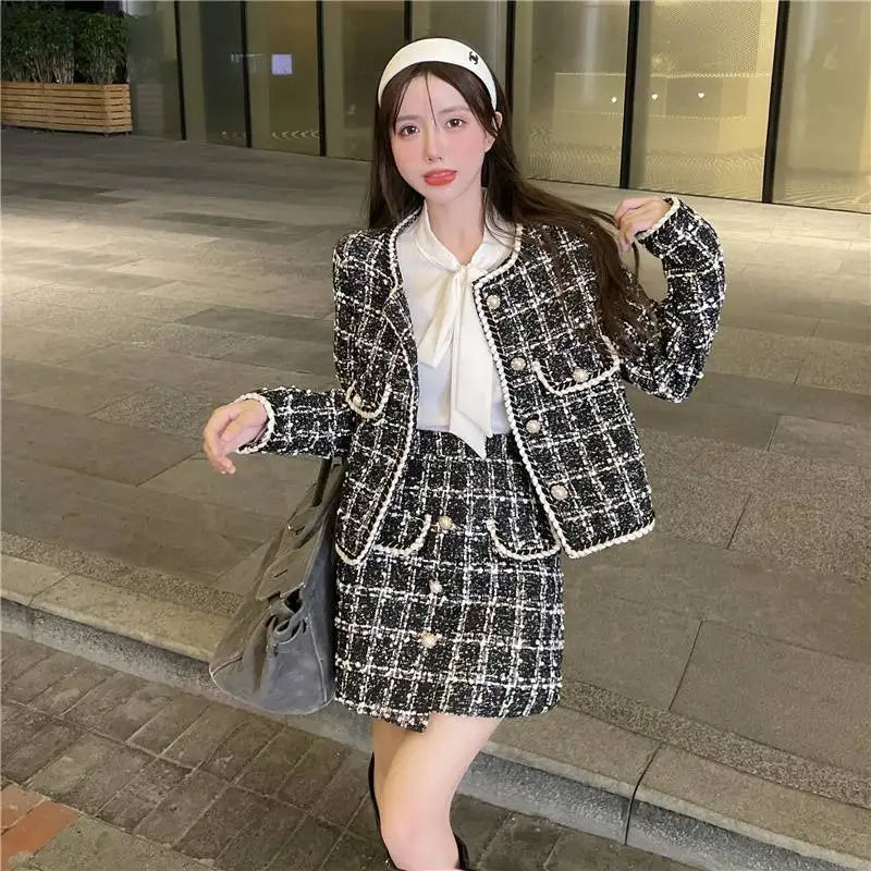 KIMLUD, Formal Chic Houndstooth Plaid Set Skirt Women Spring Autumn New Fashion Loose Single-Breasted Plaid Jacket+Skirt Two-Piece Suit, KIMLUD Womens Clothes
