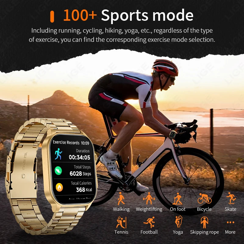 LIGE New Smart Watch LED Flashlight Military Sport Watches 2.01'' Screen Health Monitor Bluetooth Call Waterproof Smartwatch Men