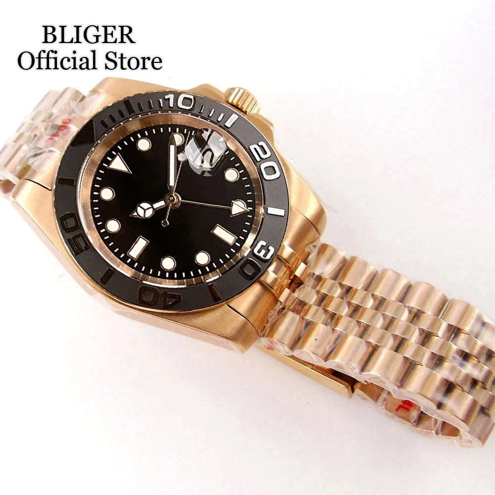 20ATM Waterproof 40mm Rose Gold NH34 GMT Automatic Watch For Men Steel Strap Ceramics Bezel Sapphire Glass Luminous