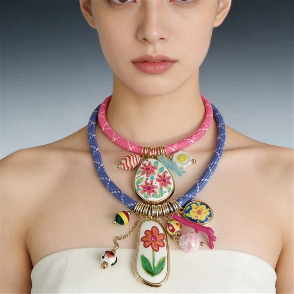 Cord Choker Necklace – Enamel Flower Pendant – Zinc Alloy – Multicolor | KIMLUD