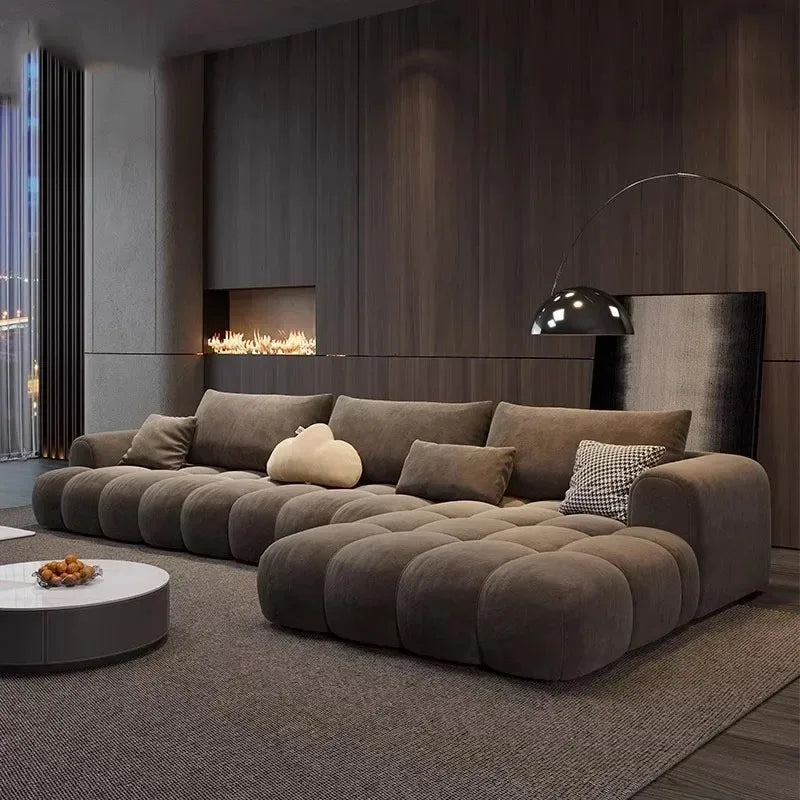 Plastic Upholstery Floor Recliner Sofa With Puffed Cushions And Modular Section — Brown | KIMLUD