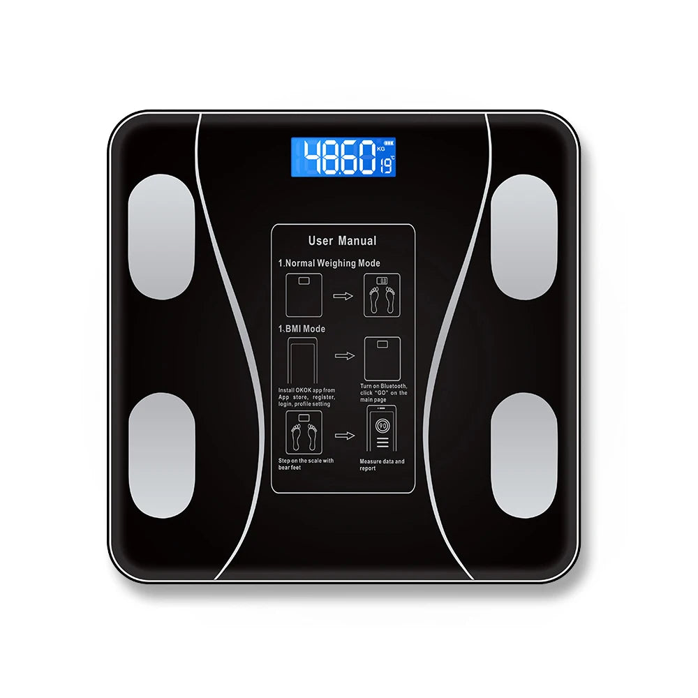 Toughened Glass Body Fat Scale Smart Bluetooth — Obsidian Black | KIMLUD