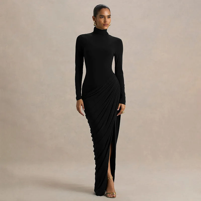 Thick Jersey Pleated Bodycon Dress — Brown | KIMLUD