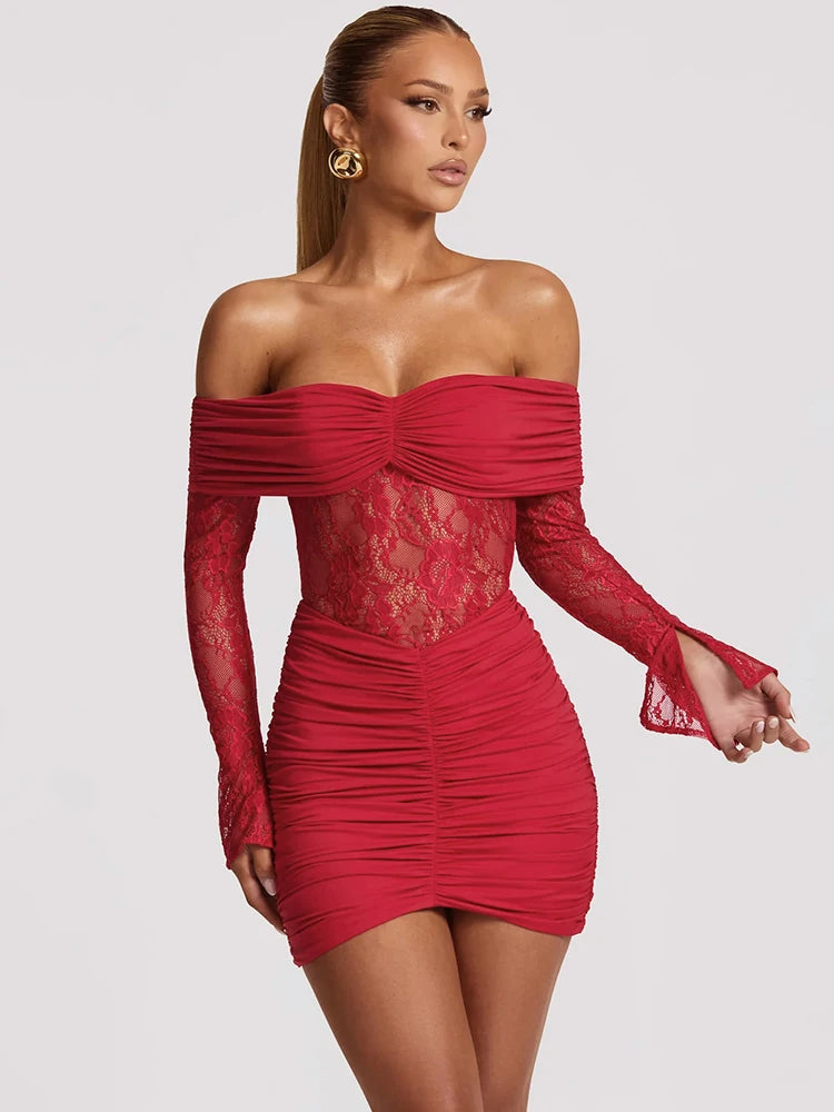 Mozision Off-shoulder Strapless Backless Sexy Mini Dress Women Gown Elegant Lace See Through Long Sleeve Ruched Club Party Dress