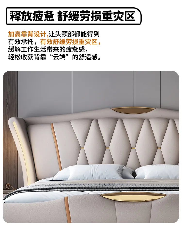 Leather Bed Frame With Lit Headboard — Ivory-Beige | KIMLUD