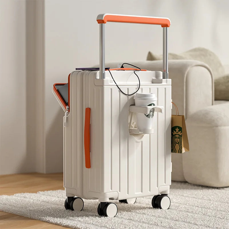 Wide tie rod suitcase Men's and women's multi-functional front opening boarding case New water cup holder Password travel case
