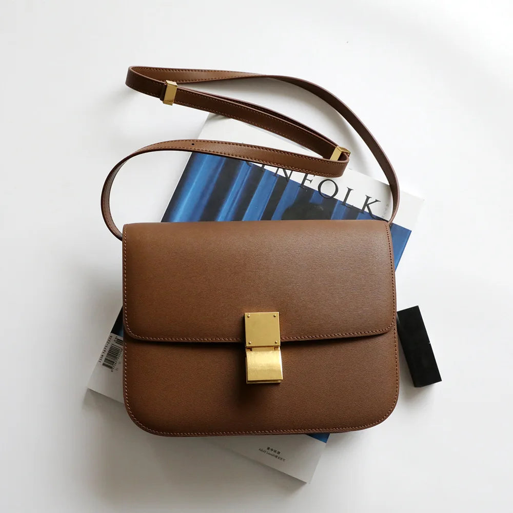 Split Leather Shoulder Bag Single Flap Lock — Black | KIMLUD