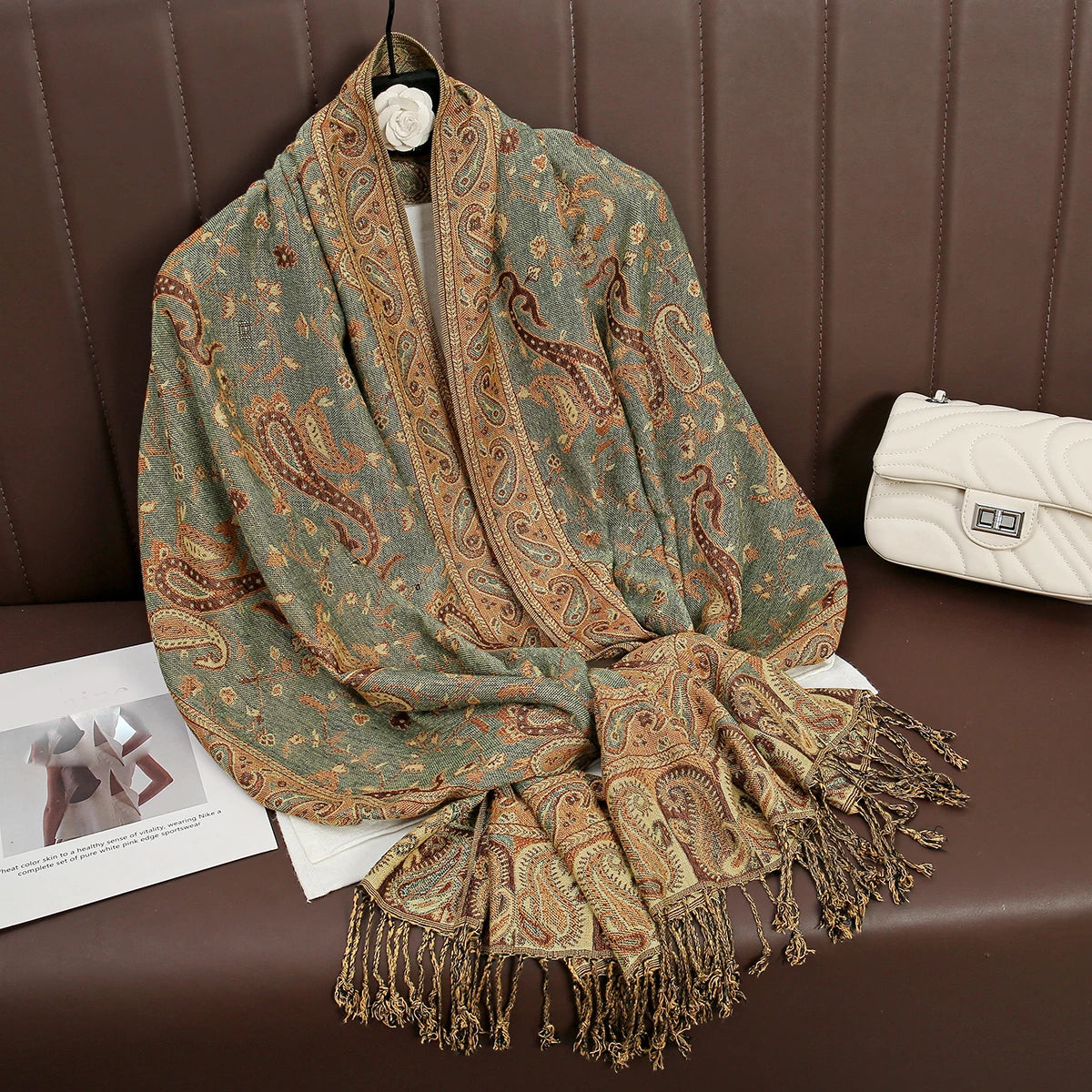 Cashmere Pashmina Shawl With Autumn Print Design, Olive Accents And Gold-Toned Fringe — Red | KIMLUD