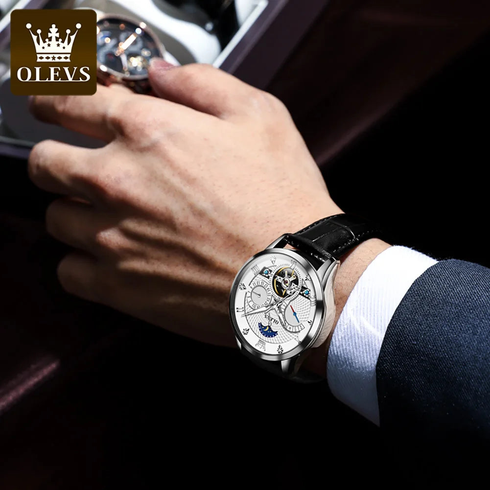Leather Moon Phase Automatic Watch — Black | KIMLUD