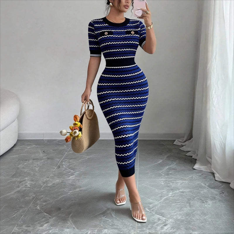 Knit Ribbed Striped Bodycon Midi Dress — Blue | KIMLUD