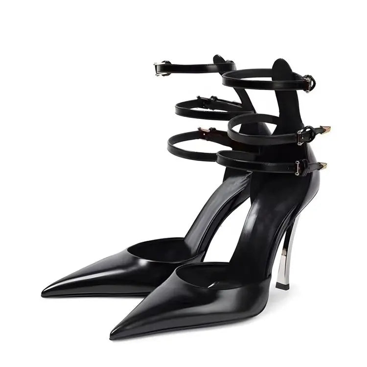 Microfiber Heeled Sandals Lace Up Pointed Toe — Black | KIMLUD