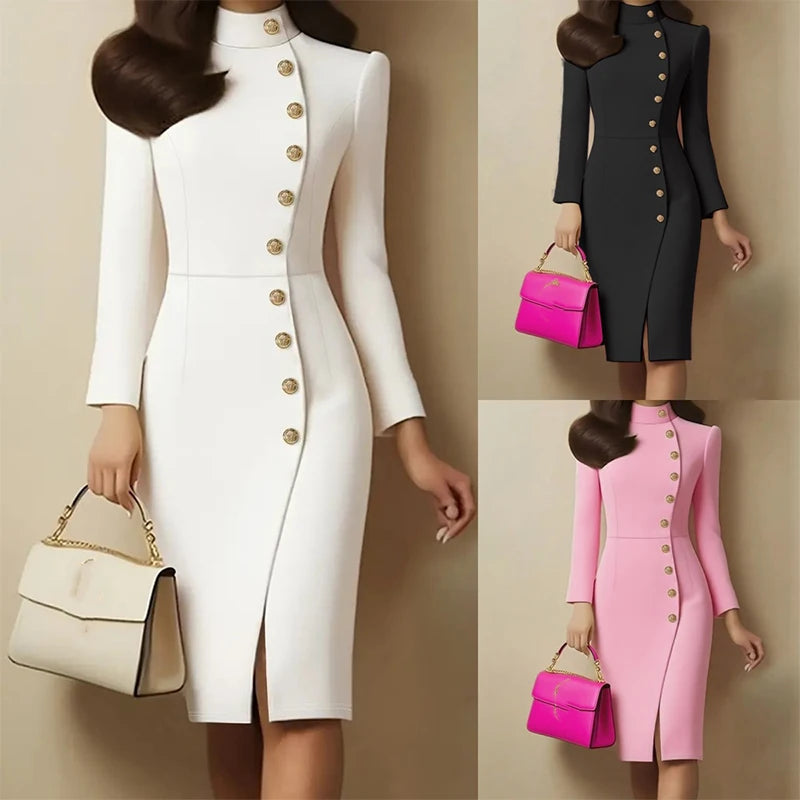 Polyester Stand Collar Midi Dress Knee Length — Black | KIMLUD