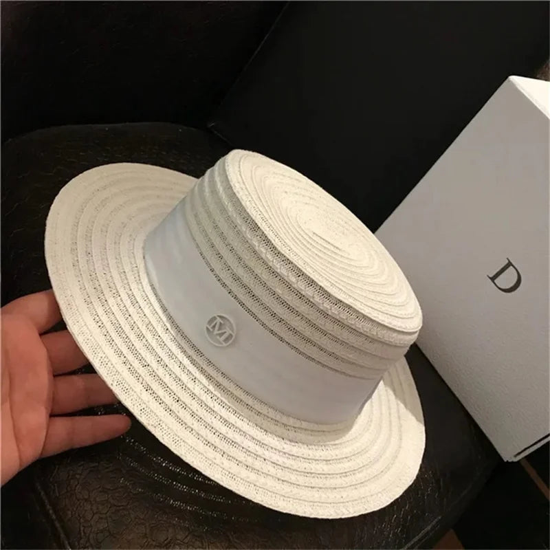 Ribbon Boater Straw Hat Sun Protection — Natural | KIMLUD