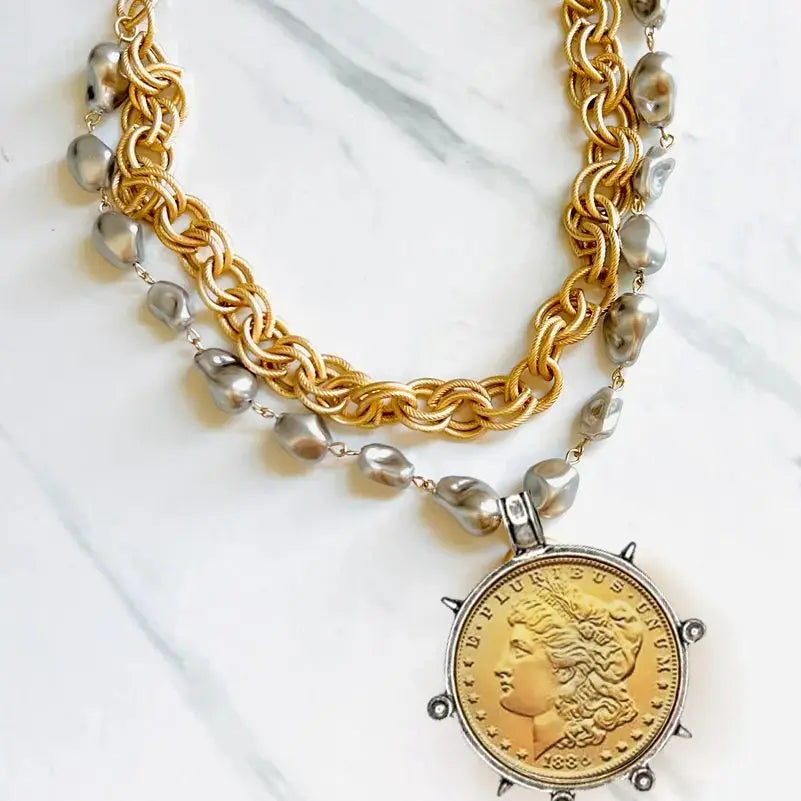 Choker Necklace - Coin Charm Pendant - Cubic Zirconia - Grey | KIMLUD