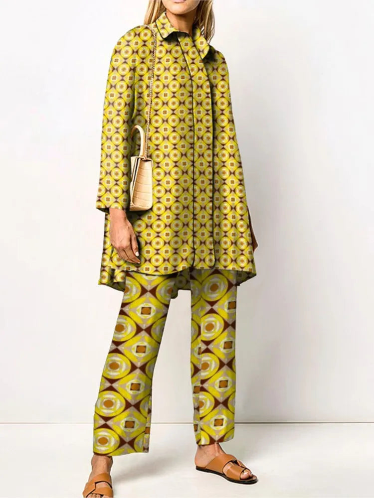 Two Piece Set – Loose Vintage Printed – Synthetic Fiber – Wide Leg | KIMLUD