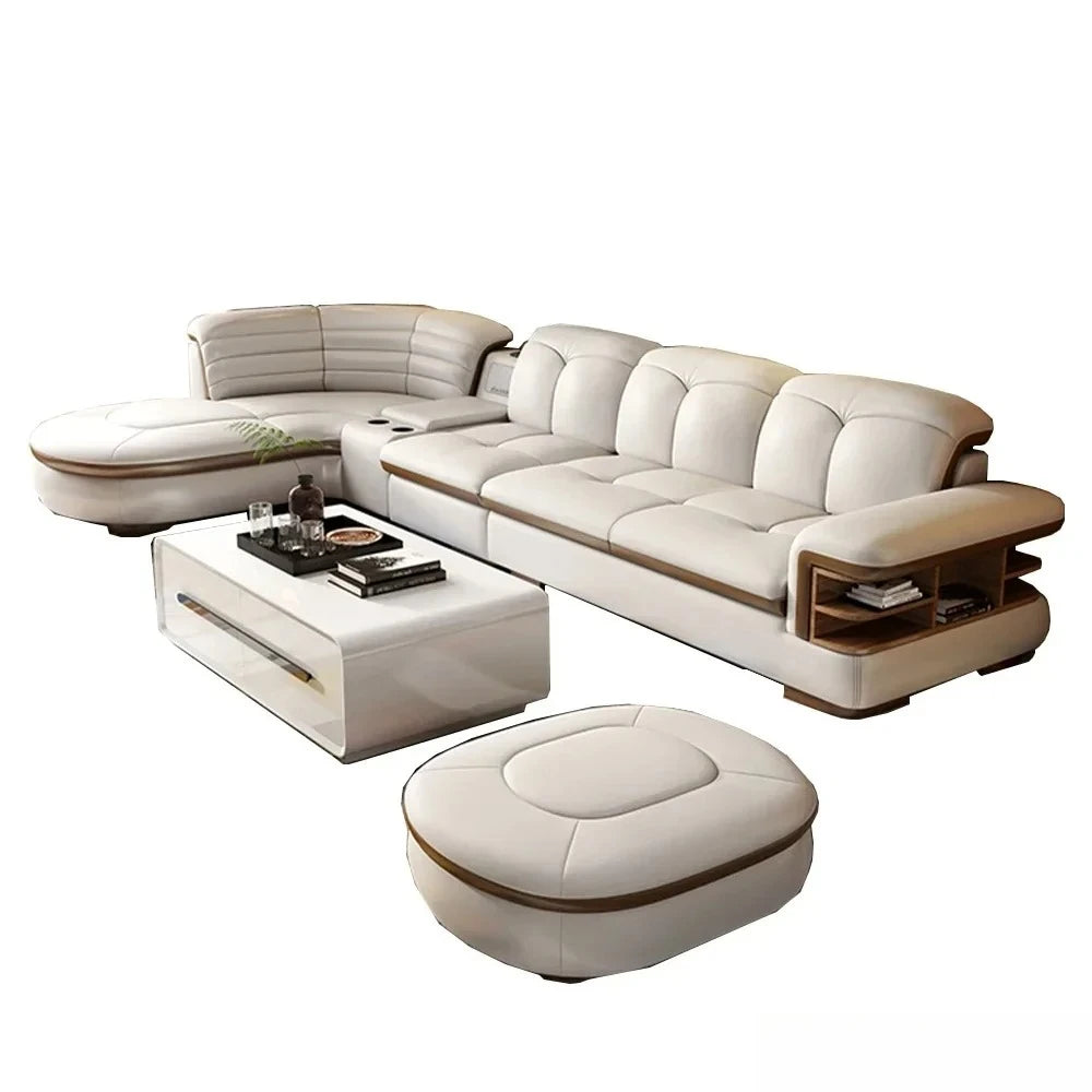 Genuine Leather Solid L-Shaped Sofa — Black | KIMLUD
