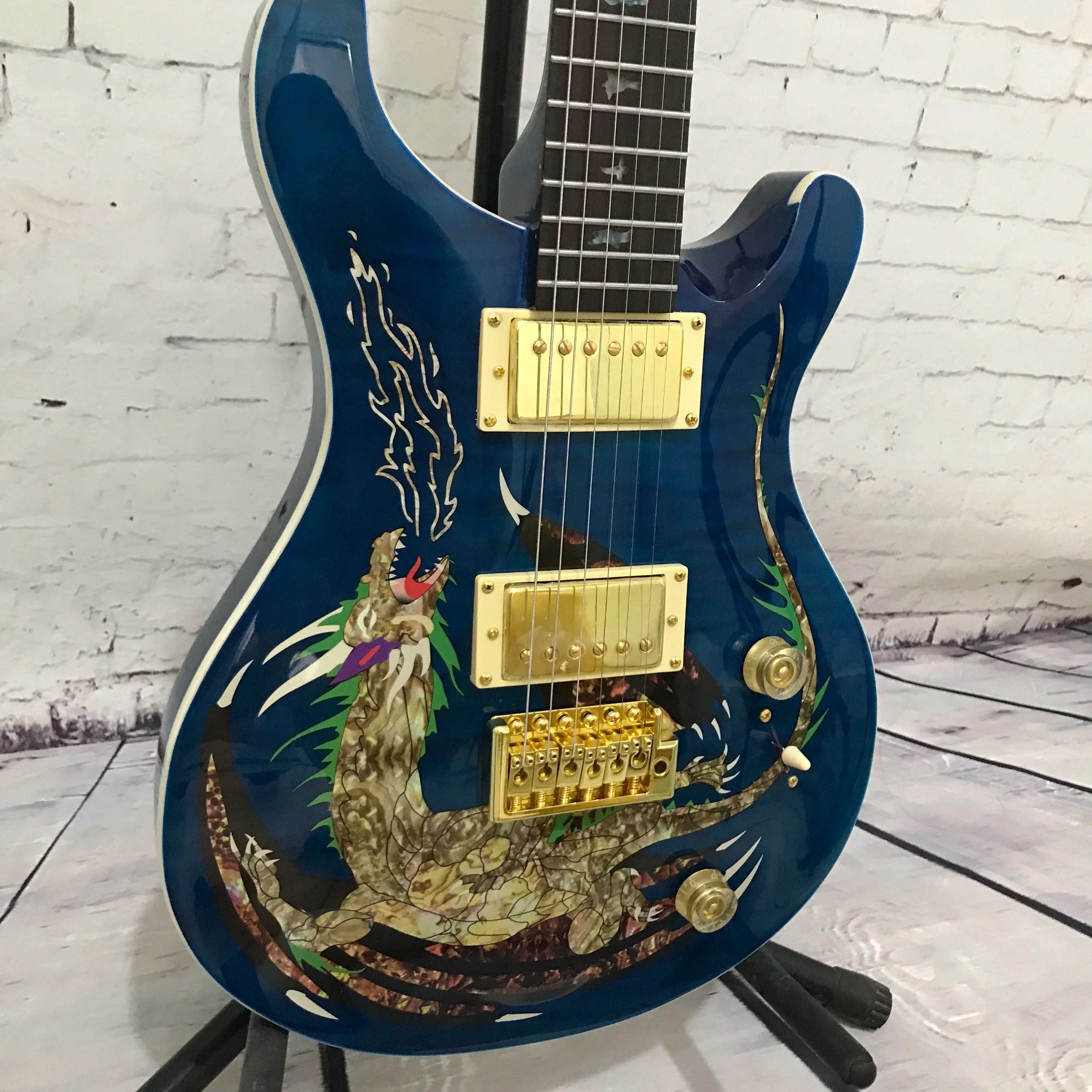 Mahogany Dragon Inlay Electric Guitar — Blue | KIMLUD