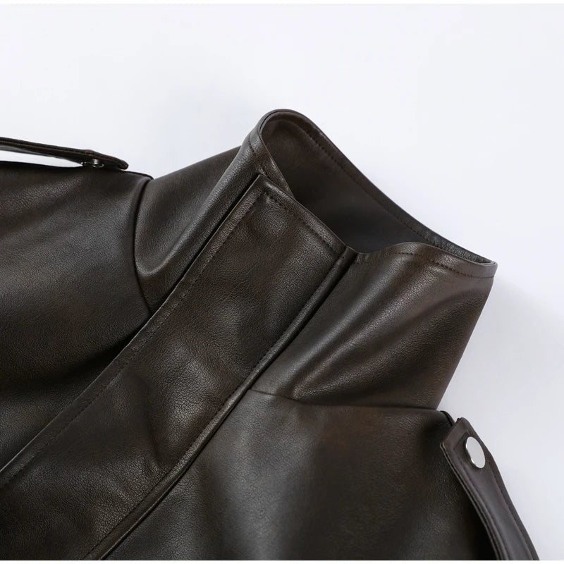 Casual Pu Leather Loose Women Jacket Belt Full Sleeve Stand Collar Zippers Female Coat 2026 Spring Autumn Lady Streetwears