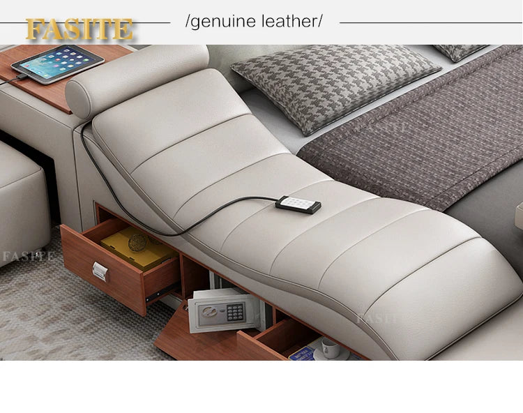 Genuine Leather Bed Tech Smart Multifunctional Massage, Bluetooth Speaker, Air Cleaner — White | KIMLUD
