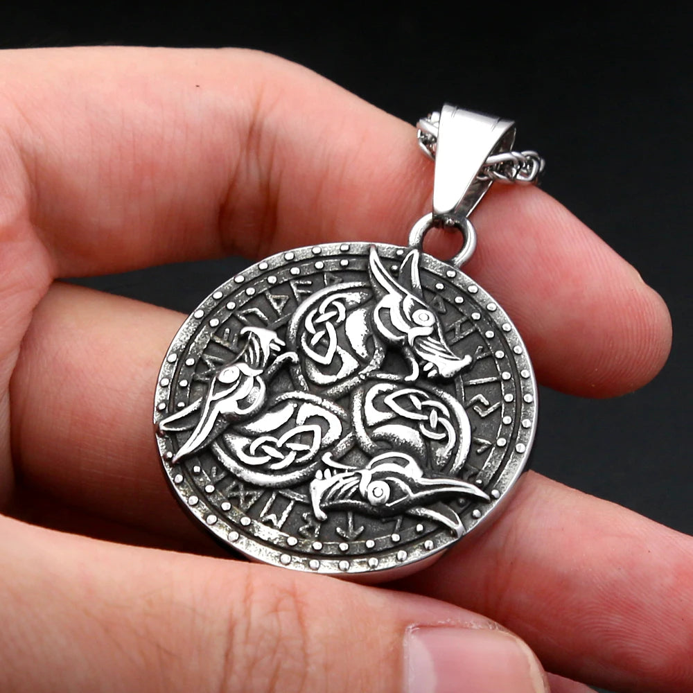 Viking Dragon Pendant Necklace Stainless Steel Round Medallion Celtic Knot Rune Engraved For Men Norse Amulet Daily Wear Jewelry