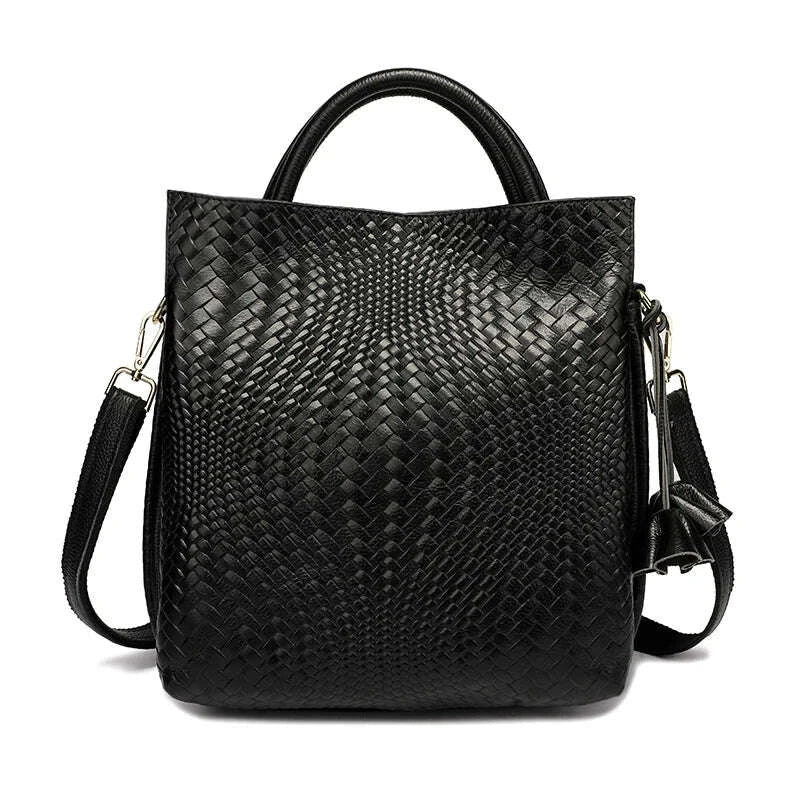 KIMLUD, Fashionable and luxurious woven pattern casual versatile black woven pattern daily commuting cowhide women's handbag, KIMLUD Womens Clothes
