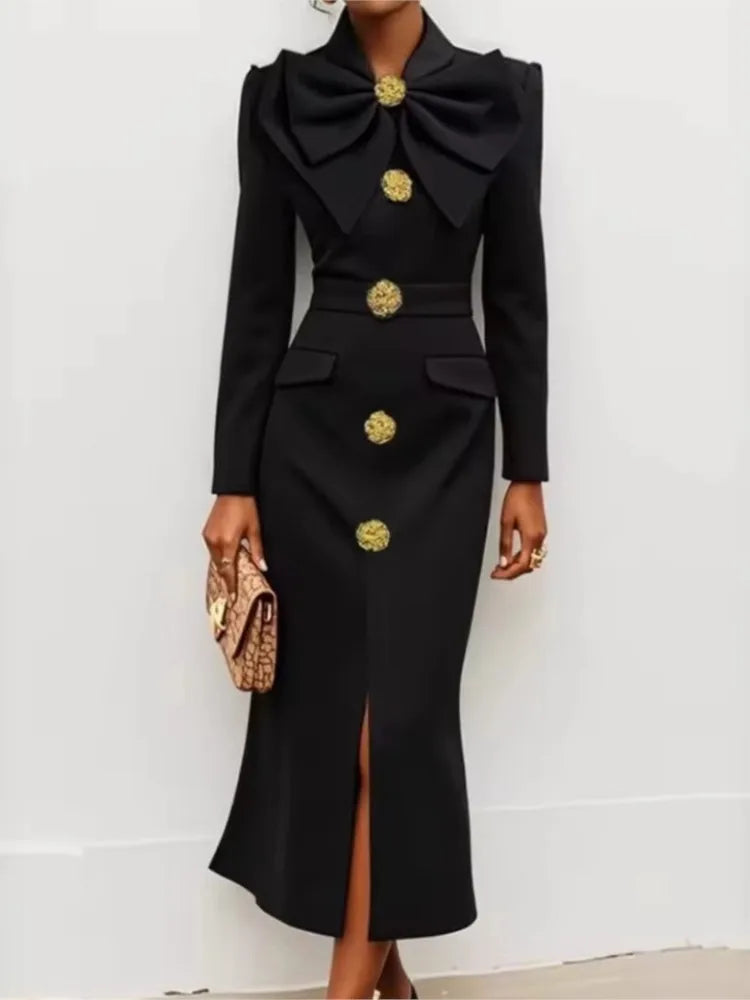 Evening Dress – Bow Tie Buttoned Long Sleeve – Polyester Slim Black | KIMLUD