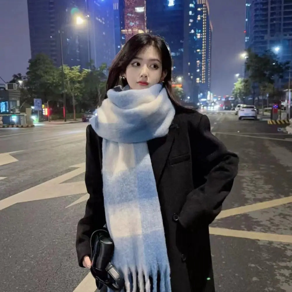 Cashmere Mohair Stripe Pattern Scarf With Tassels — Beige | KIMLUD