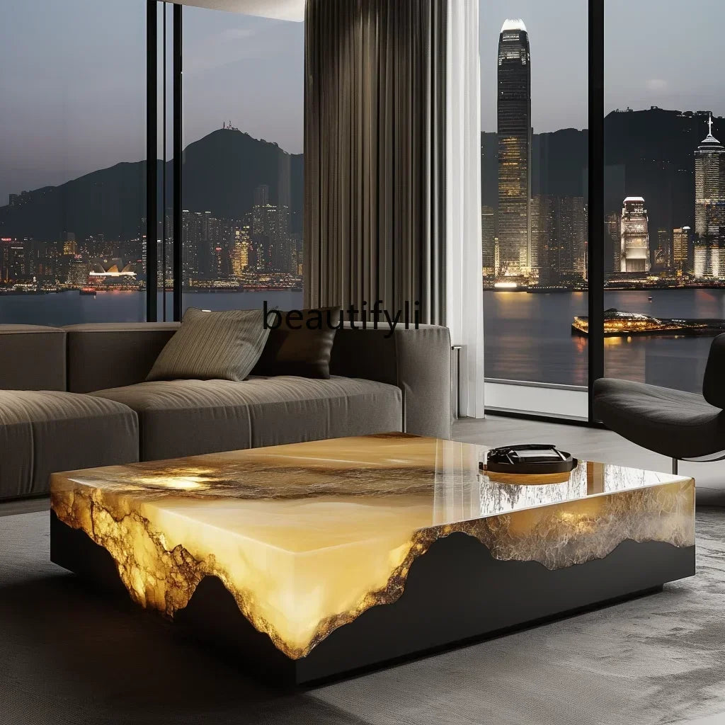 G53 Square luminous jade coffee table leather light luxury minimalist style living room luxury stone natural marble