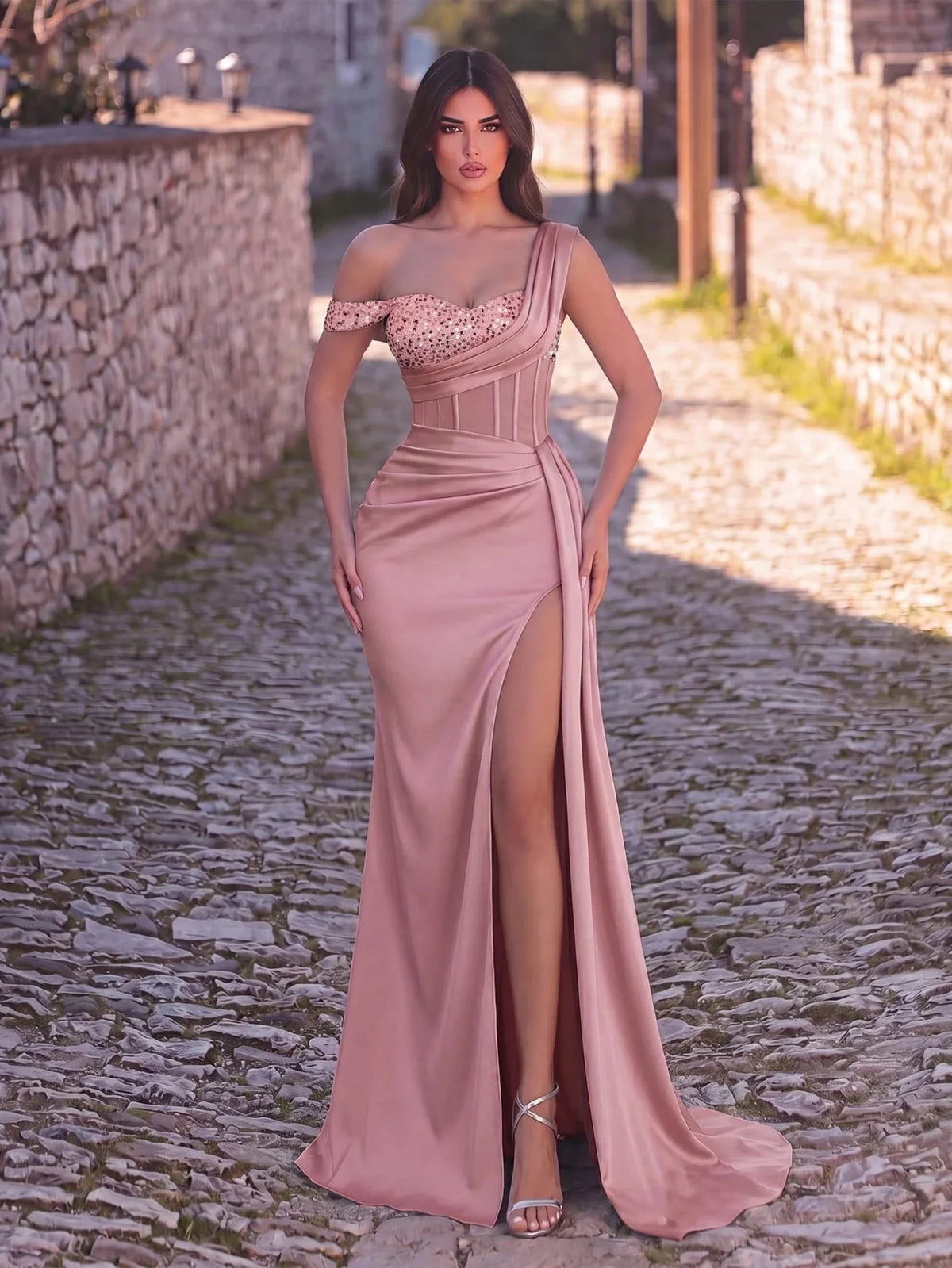 Mermaid Evening Dress – Off Shoulder – Polyester – Gold | KIMLUD