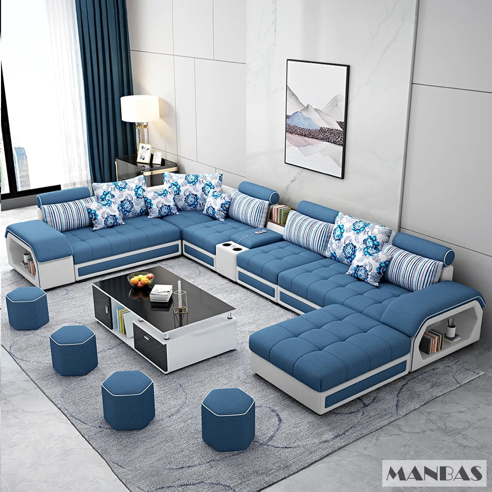 Fabric U-Shape Sofa Set With USB Ports And Stools — Grey | KIMLUD
