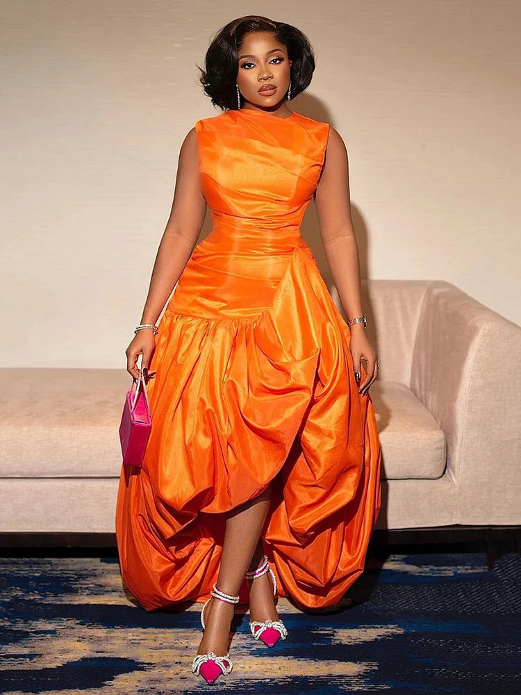 Polyester Cinch Waist Cocktail Maxi Dress — Orange | KIMLUD
